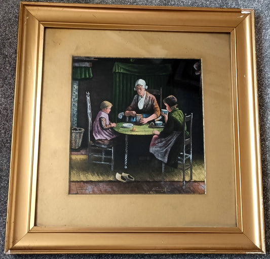 Dutch style "Family having dinner" Oil on Textile Painting