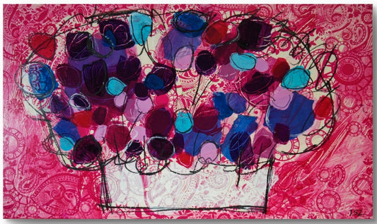 Signed original mixed media artwork "Paper Flowers No. 6" by INES SZAMREY, featuring colorful paper flower details on board.
