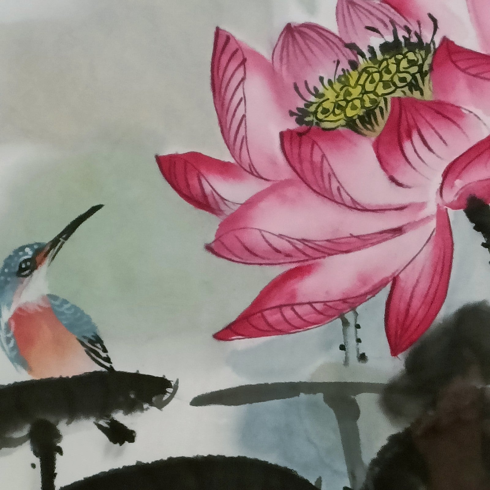 Framed Chinese ink wash painting of a lotus flower and bird with seal stamp, by Curated Treasures.