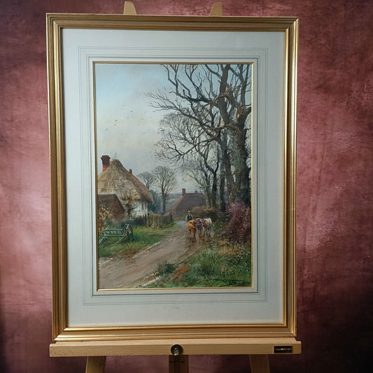 HENRY CHARLES FOX RBA (1860-1929) Signed Watercolour Cattle on a Village Lane