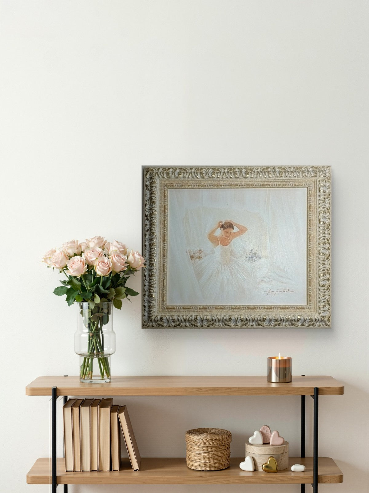 Framed signed oil painting of a seated ballerina by Marisa Mallol, artwork displayed with elegant frame, by Curated Treasures.