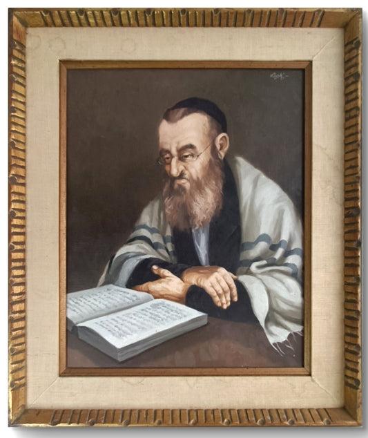 Framed original oil on canvas by Solomon Leski depicts a portrait of a rabbi, showcasing detailed brushwork and vibrant colors.