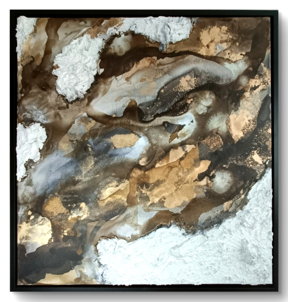 Large original abstract painting "Mocha" by RAJAN SETH, mixed media art with rich brown and beige tones.