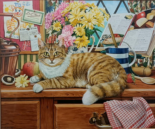 Geoff Tristram Original Gouache painting "Cat in the kitchen"