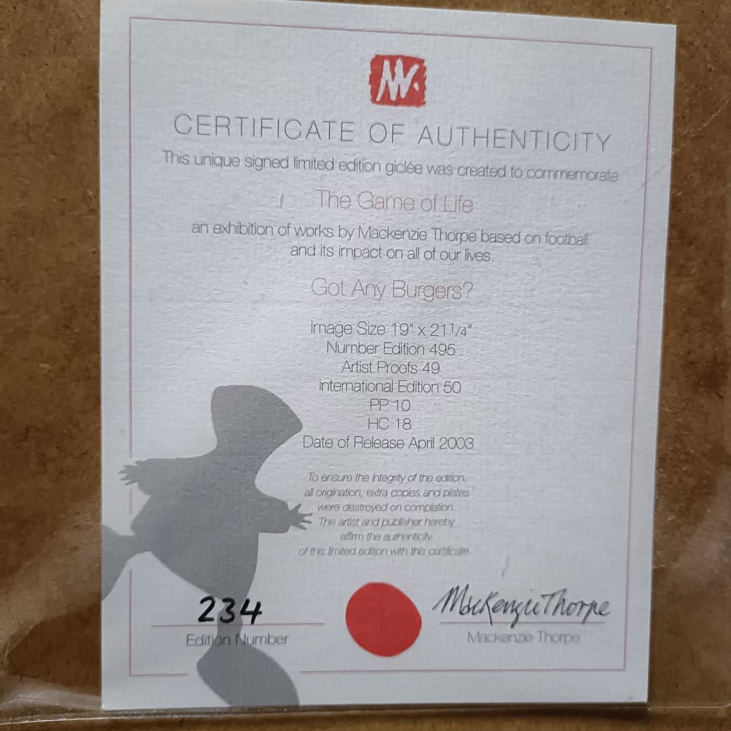 MACKENZIE THORPE  Limited Edition Print "Got any Burgers?" 234/495