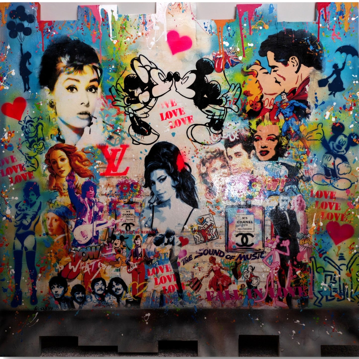 Large signed mixed media art piece titled "Love Love Love" by URI DUSHY on engineered wood, curated by Treasures.