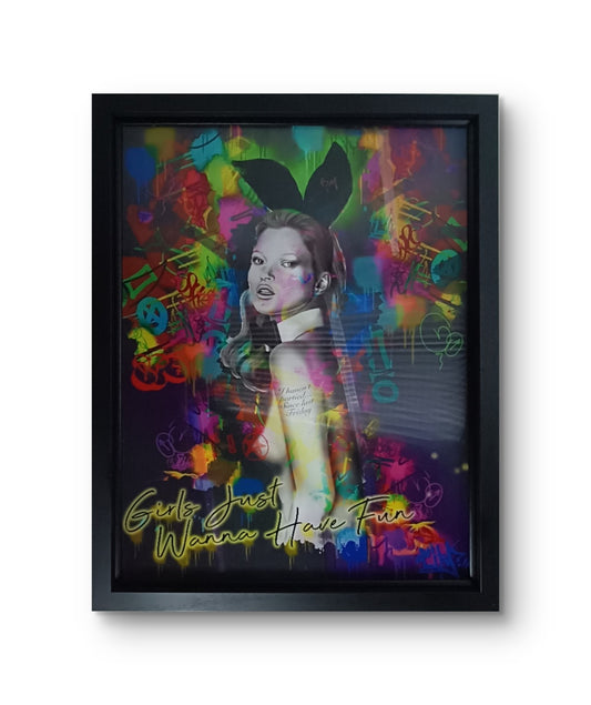 DAN PEARCE Original Lenticular Mixed Media artwork titled "Girls Just Wanna Have Fun" featuring vibrant, dynamic imagery.