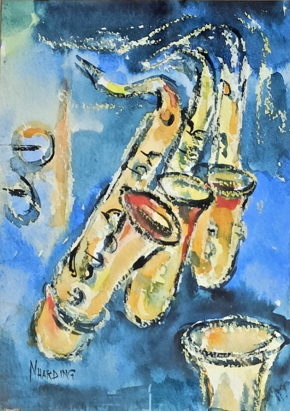 M HARDING Watercolour paintings, Saxophone paintings x2