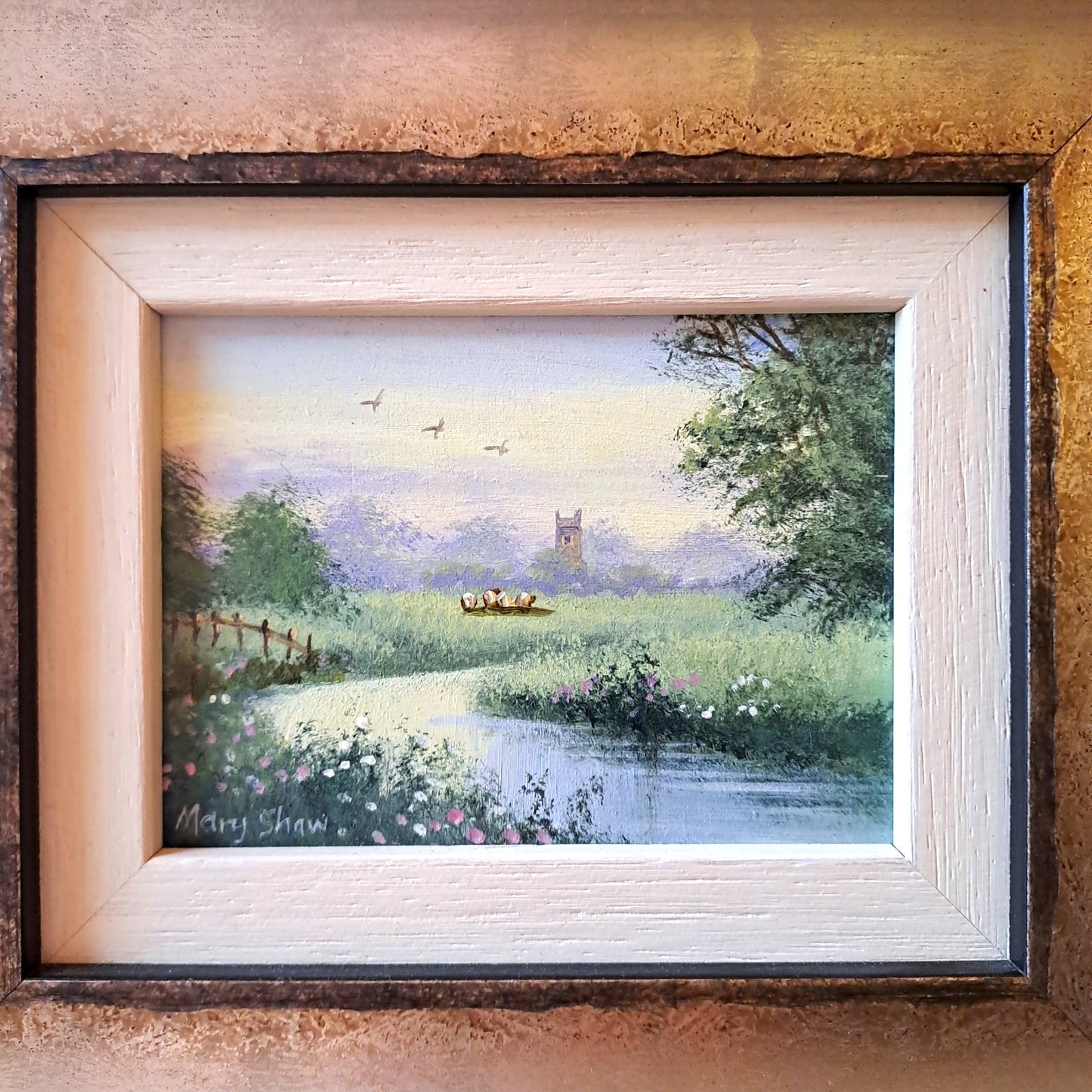 MARY SHAW Framed Original Miniature Oil Painting Church and Cows