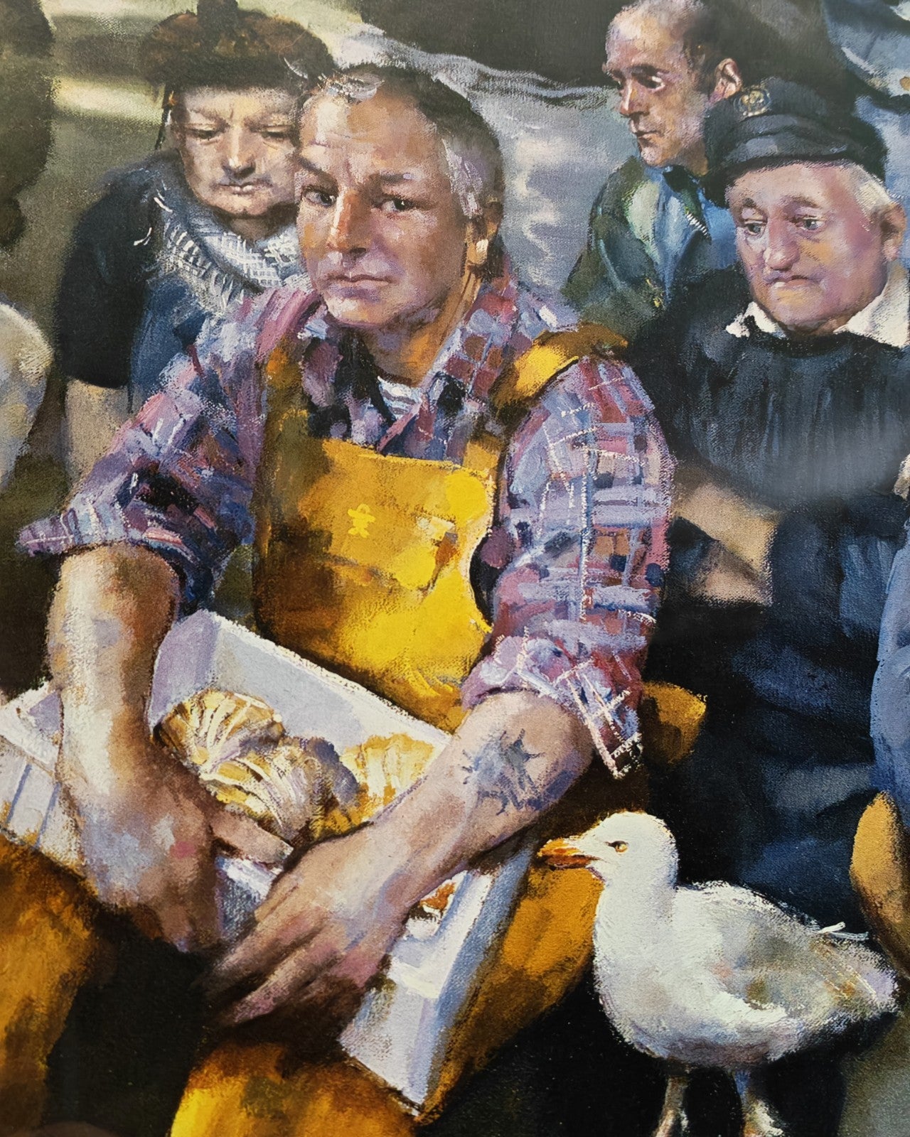 Framed limited edition print of Robert Lenkiewicz's "Barbican Fishermen 2000," signed and numbered 3 of 20, artwork displayed on wall