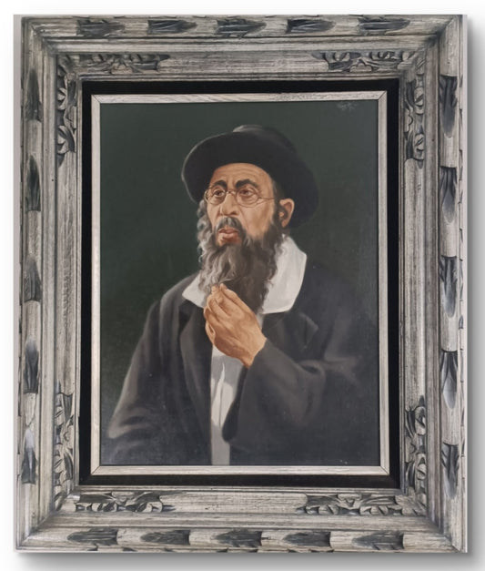 Original oil on canvas portrait of a rabbi by SOLOMAN LESKI, framed in black and grey, exhibited as a Curated Treasures art piece.