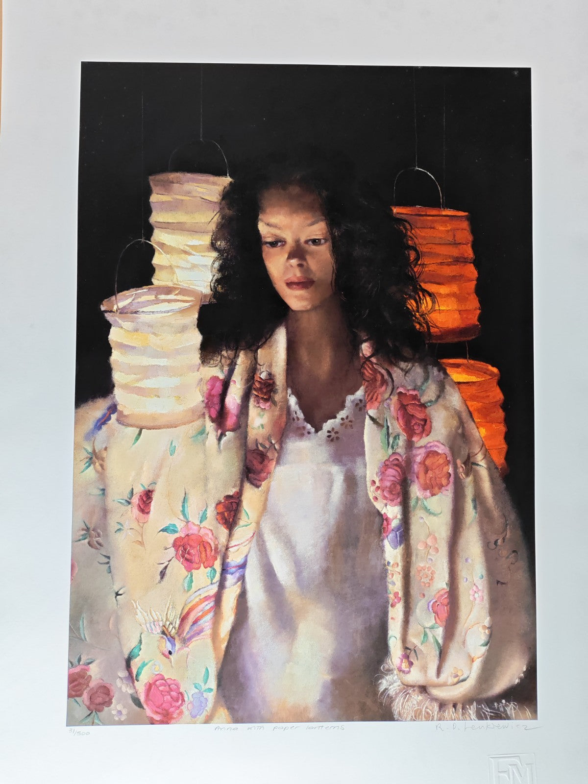 Signed limited edition art print "Anna With Paper Lanterns" by Robert Lenkiewicz, showcasing a woman with paper lanterns, numbered 31/500.