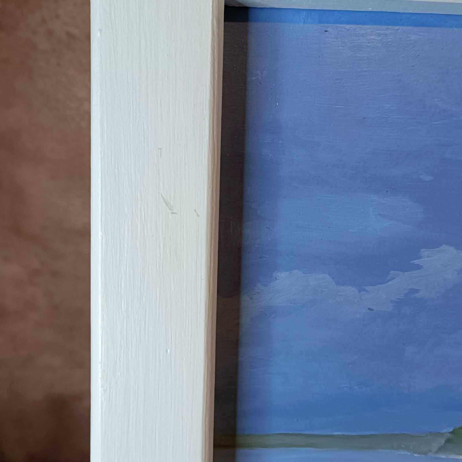 Framed signed original oil painting by Jan Merrick Horn depicting Whipsiderry Beach, on a wooden board, from Curated Treasures.