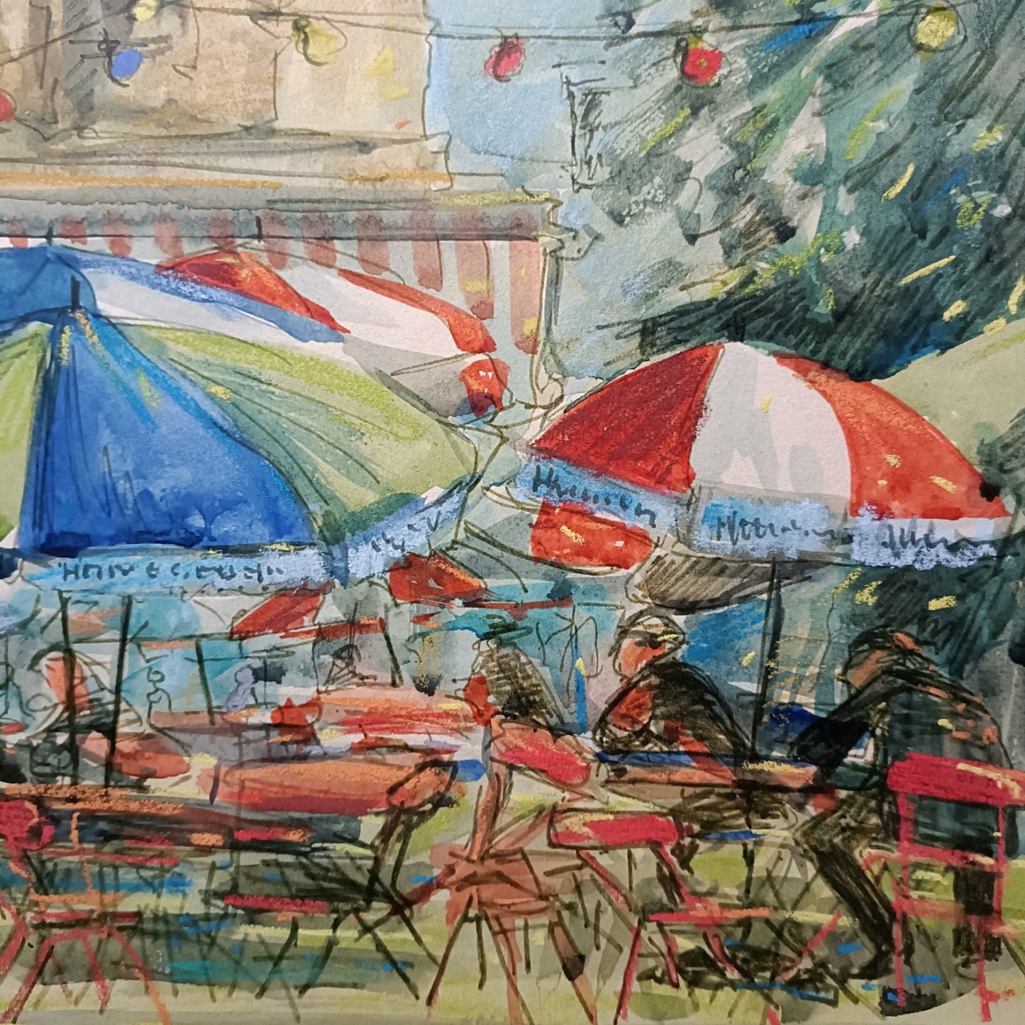 Carol A. Poupard Framed Original Gouache "Beer Garden, Cheltenham"