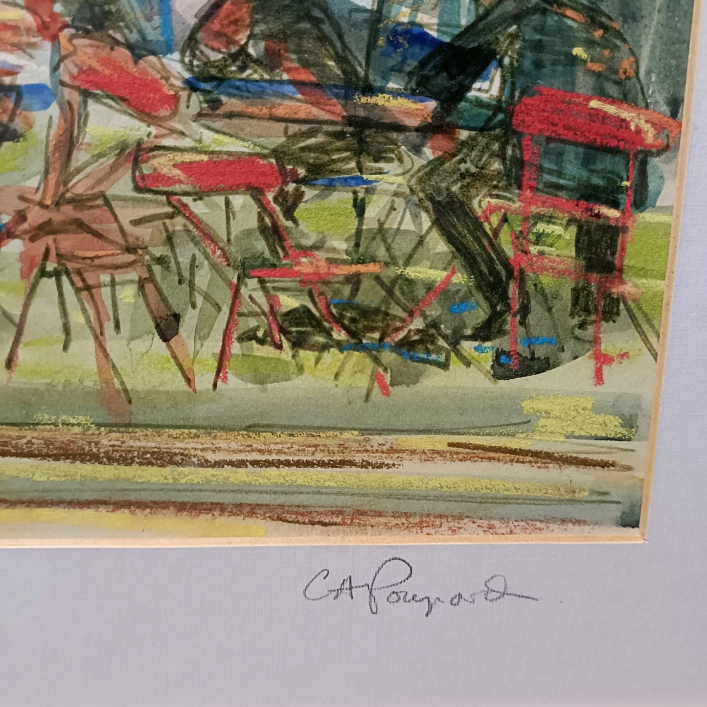 Carol A. Poupard Framed Original Gouache "Beer Garden, Cheltenham"