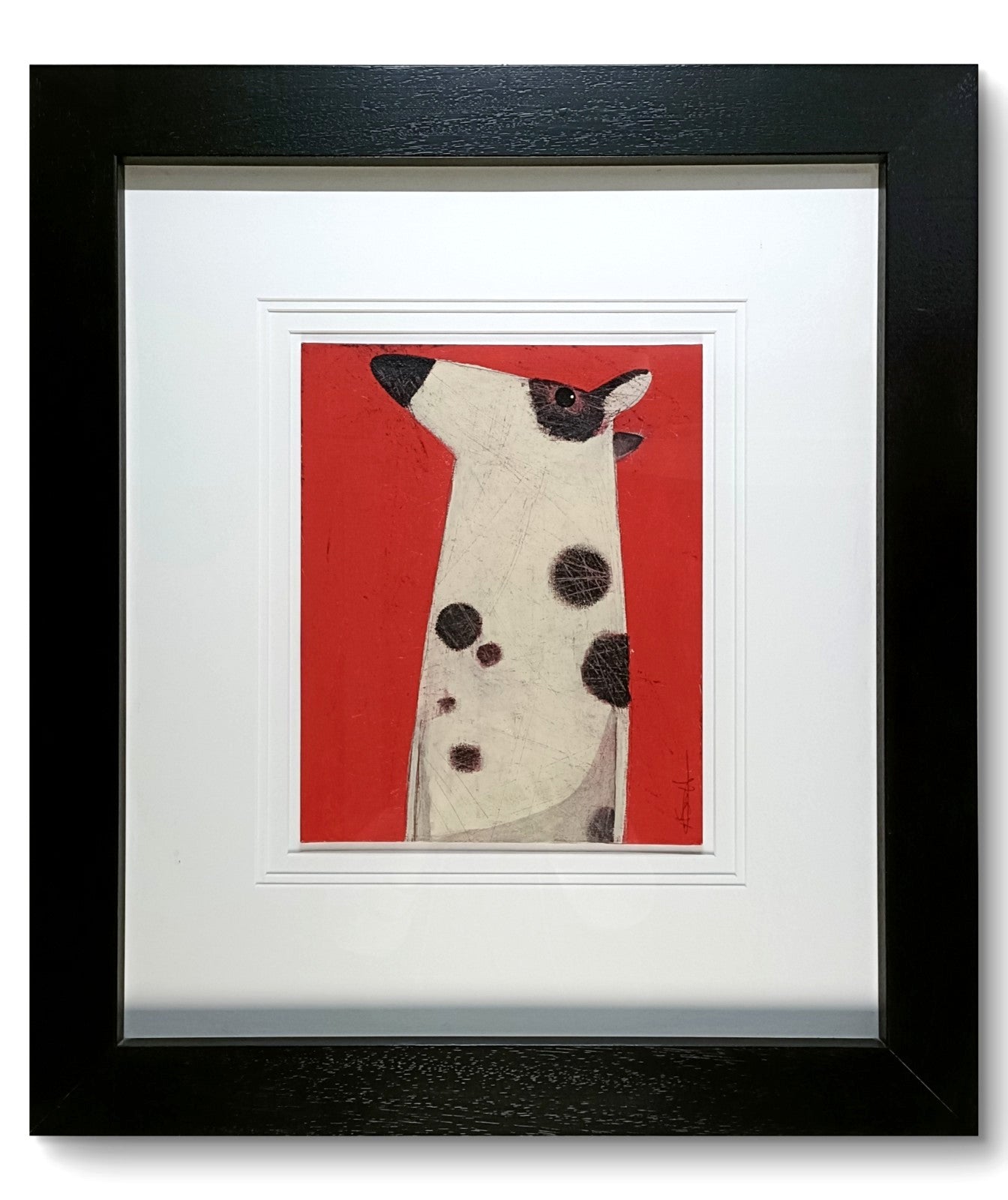 Framed original gouache painting "Here's Jack" by Angela Smyth, featuring colorful abstract artwork in a modern frame.