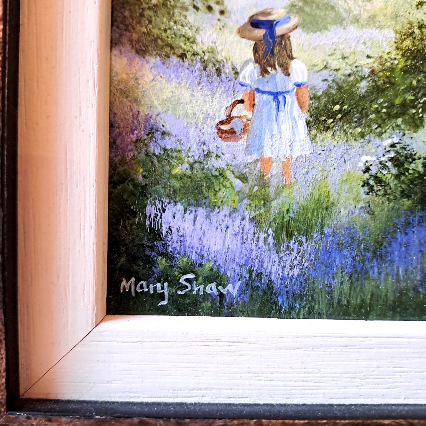 MARY SHAW Framed Original Miniature Oil Painting Girl in Lavender Field