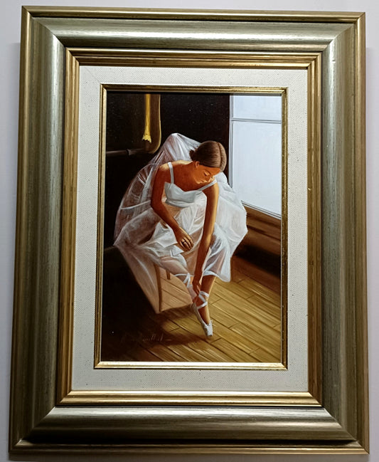 Curated Treasures Marisa Mallol framed signed oil painting of a ballerina by the window, showcasing elegant dance and artistic detail.