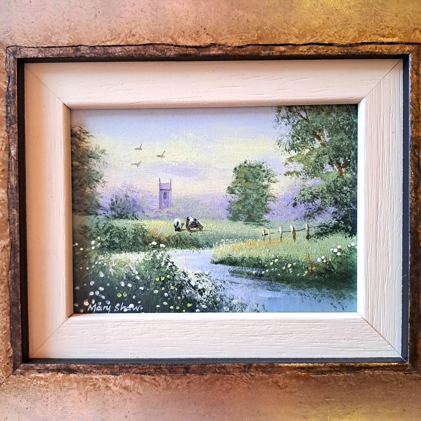 MARY SHAW Framed Original Miniature Oil Painting Cows, River and Church