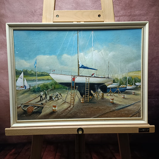 FR WETHERALL Framed Original Oil on Board "Boatyard at Dartmouth"