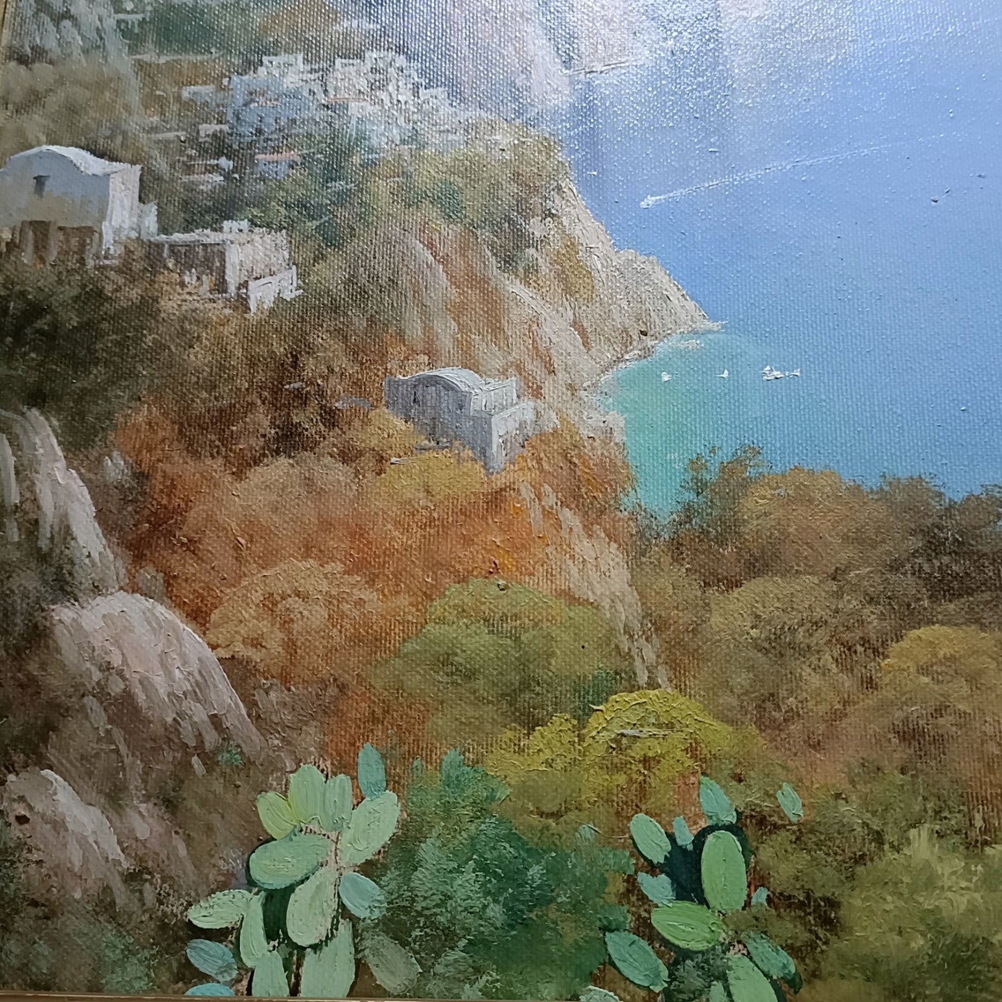 Signed framed original oil painting by Giuseppe Torella depicting the scenic Amalfi Coast, featuring vibrant coastal landscapes.