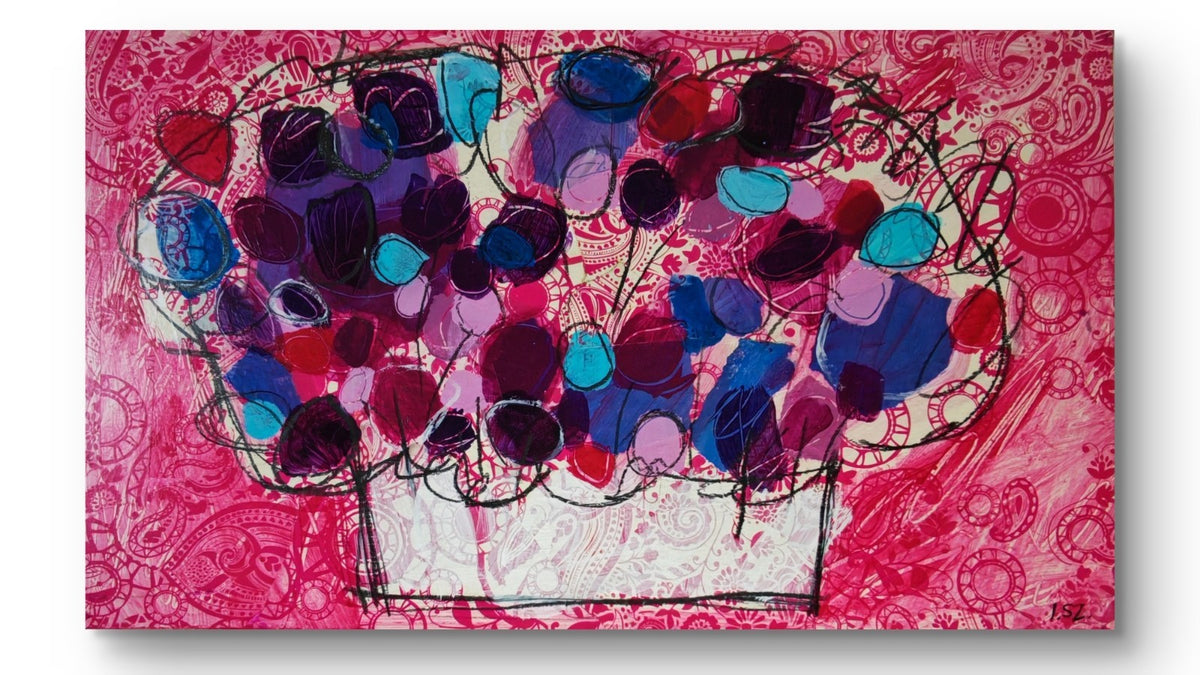 INES SZAMREY "Paper Flowers No. 6" Signed Original Mixed Media on Board