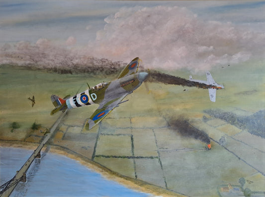 Supermarine Spitfire WWII Dogfight Large Oil painting on Board
