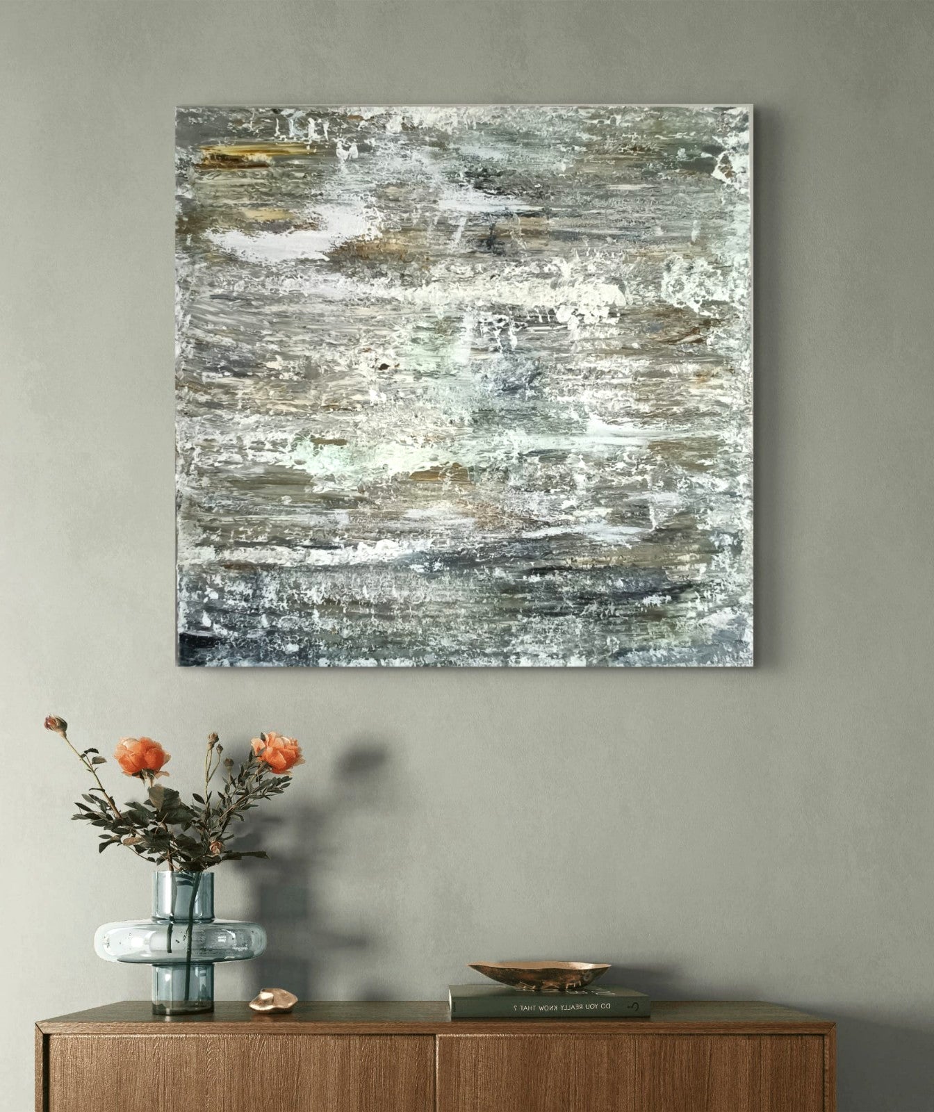 Large original acrylic abstract painting by Curated Treasures, 80cm x 80cm, featuring vibrant, textured brushstrokes on canvas.