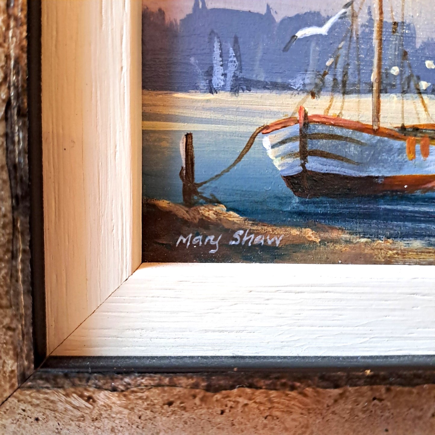 MARY SHAW Framed Original Miniature Oil Painting "Docked Boat"