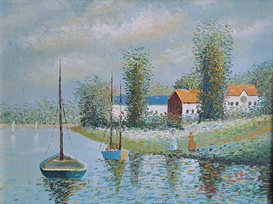 Oil on Canvas Lake Scene Boats and Figures