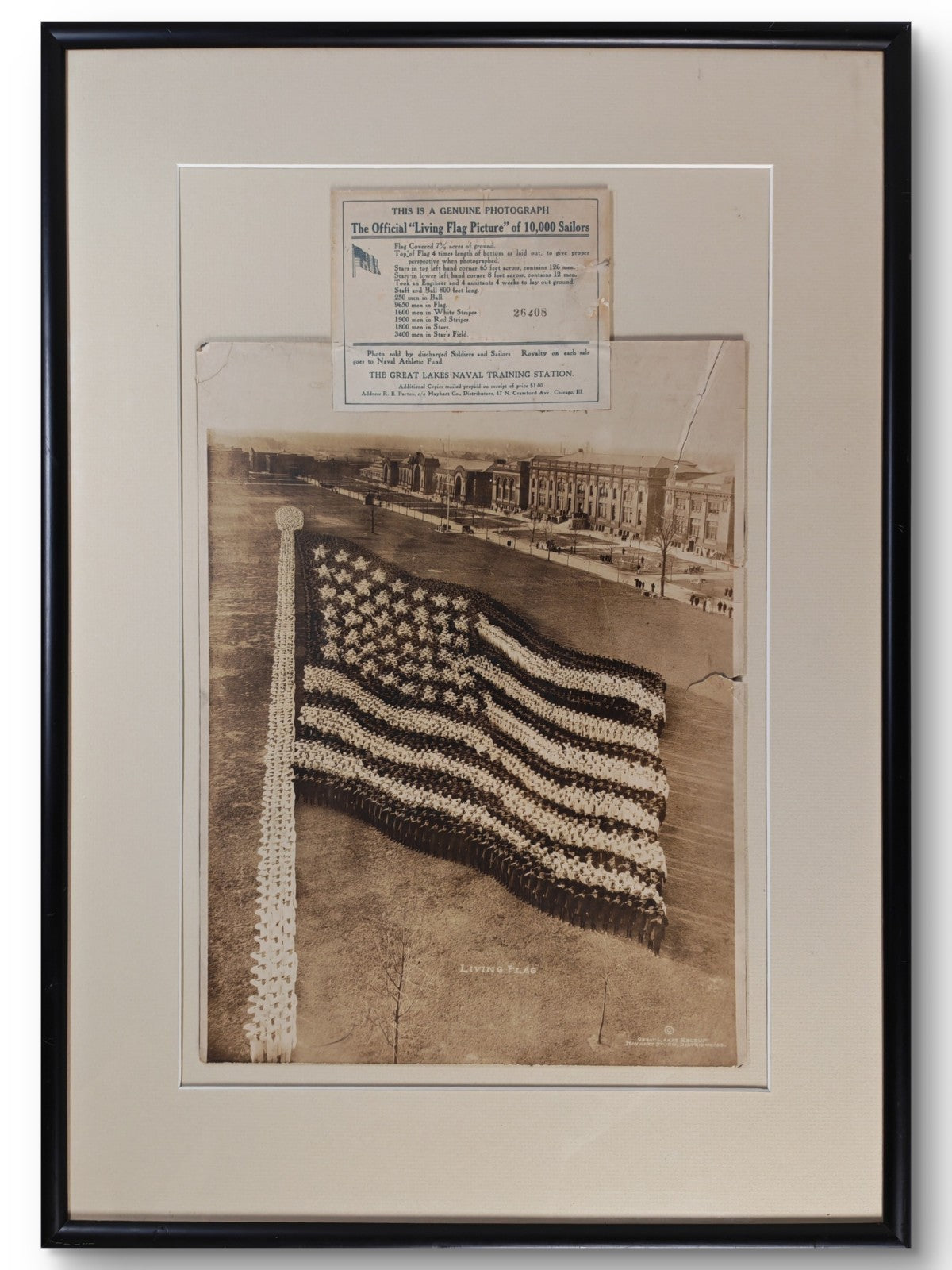 1917 WWI Living Flag Photo of 10,000 Sailors Great Lakes Naval Training Station