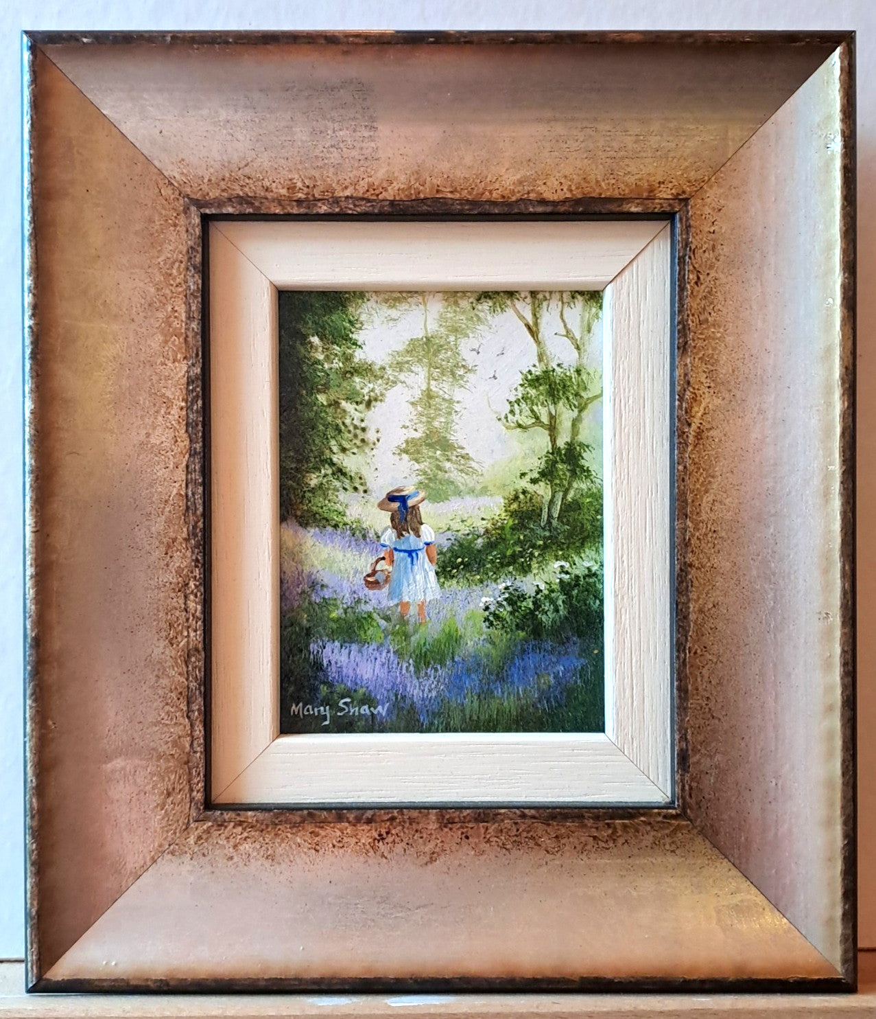 MARY SHAW Framed Original Miniature Oil Painting Girl in Lavender Field