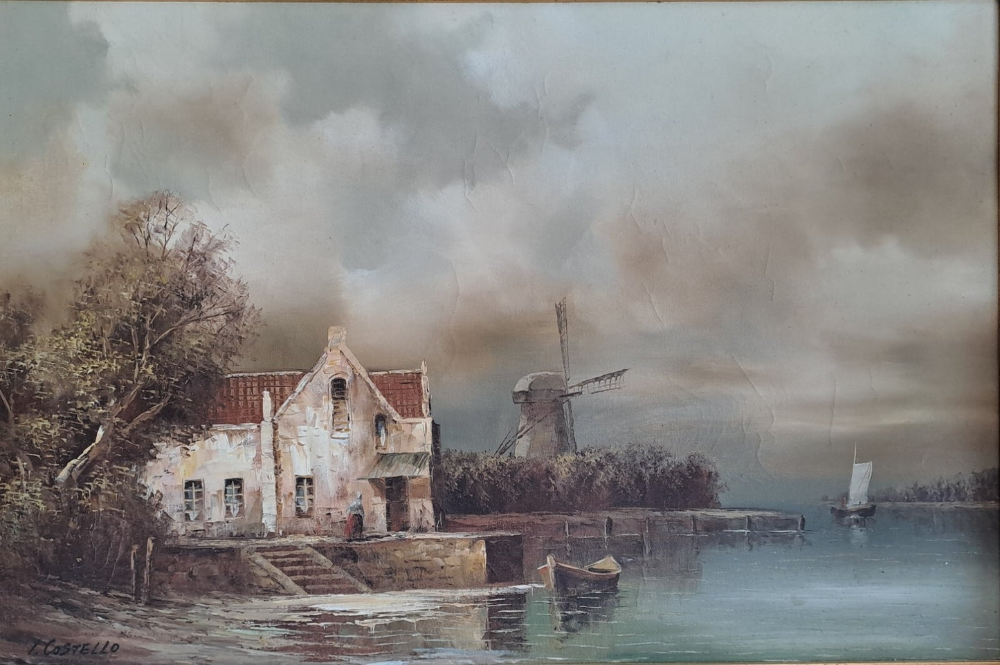 Original Oil on Canvas Windmill Scene Signed I. Costello 88cm X 62cm