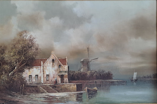 Original Oil on Canvas Windmill Scene Signed I. Costello 88cm X 62cm