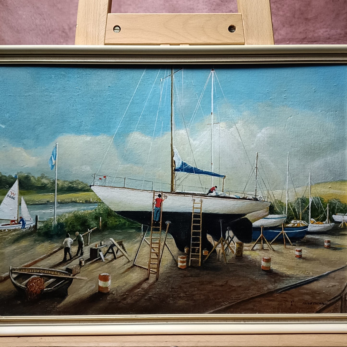 FR WETHERALL Framed Original Oil on Board "Boatyard at Dartmouth"