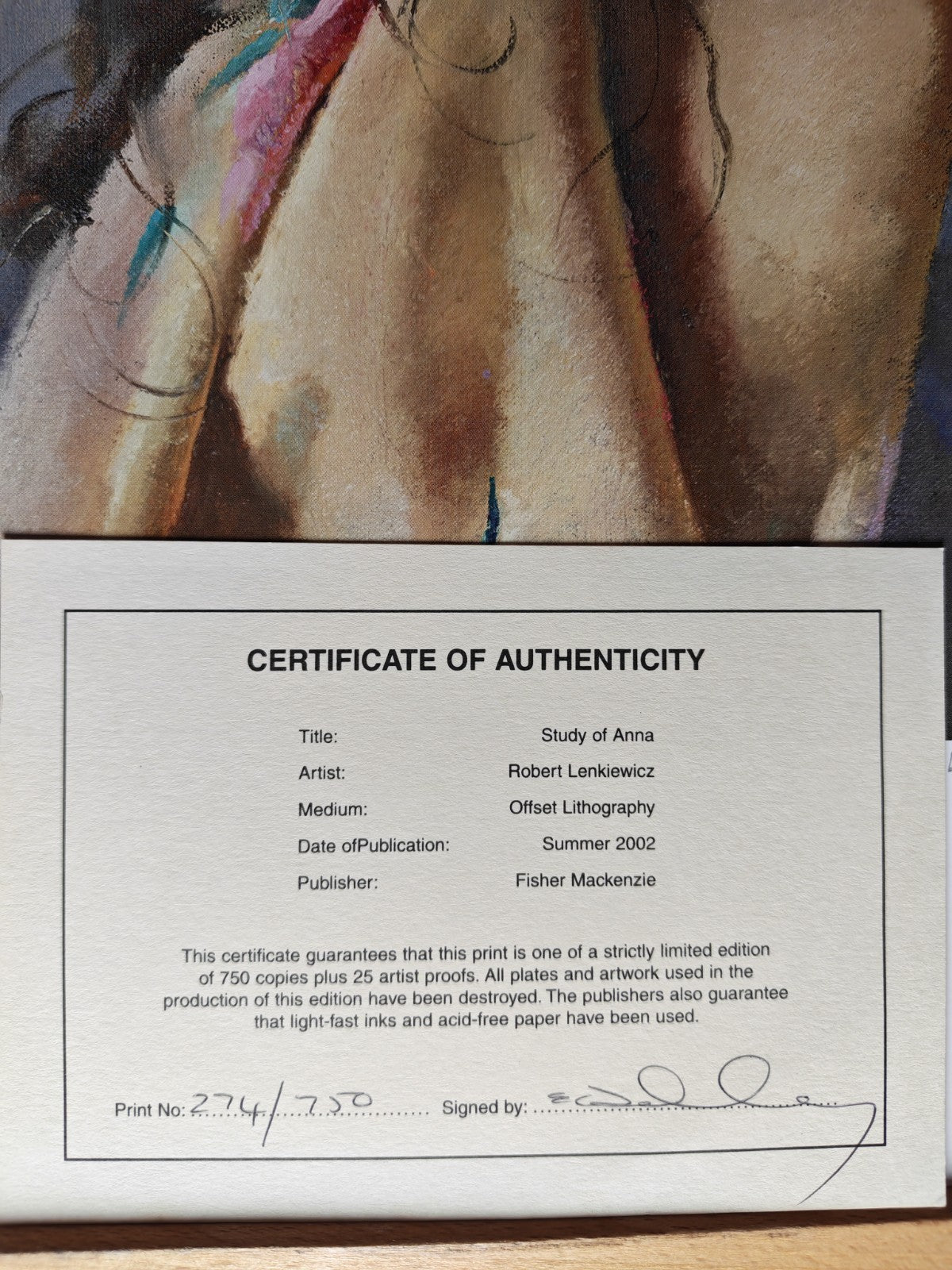 Signed limited edition art print "Study of Anna" by Robert Lenkiewicz, numbered 274 of 750, on high-quality paper.