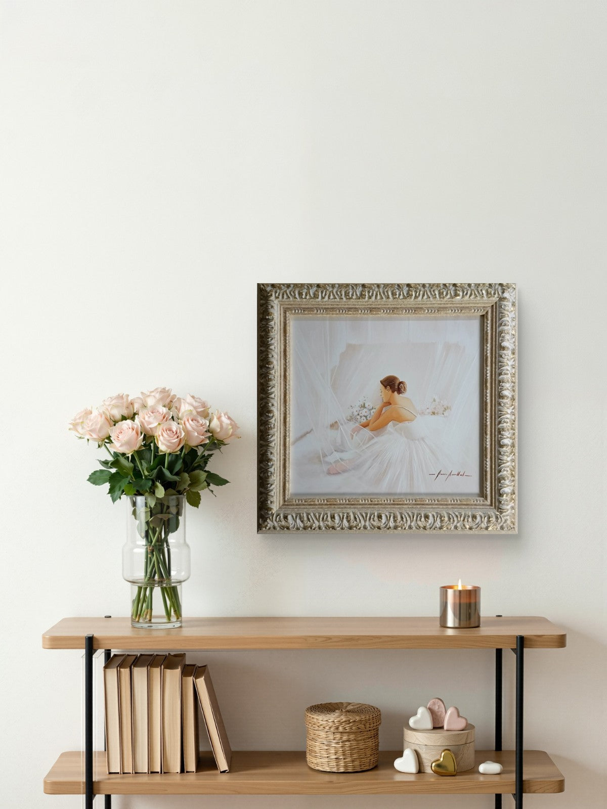 Framed signed oil painting of a seated ballerina by Curated Treasures, showcasing elegant brushstrokes and artistic detail.
