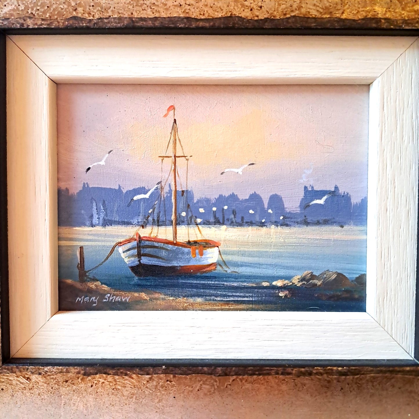 MARY SHAW Framed Original Miniature Oil Painting "Docked Boat"