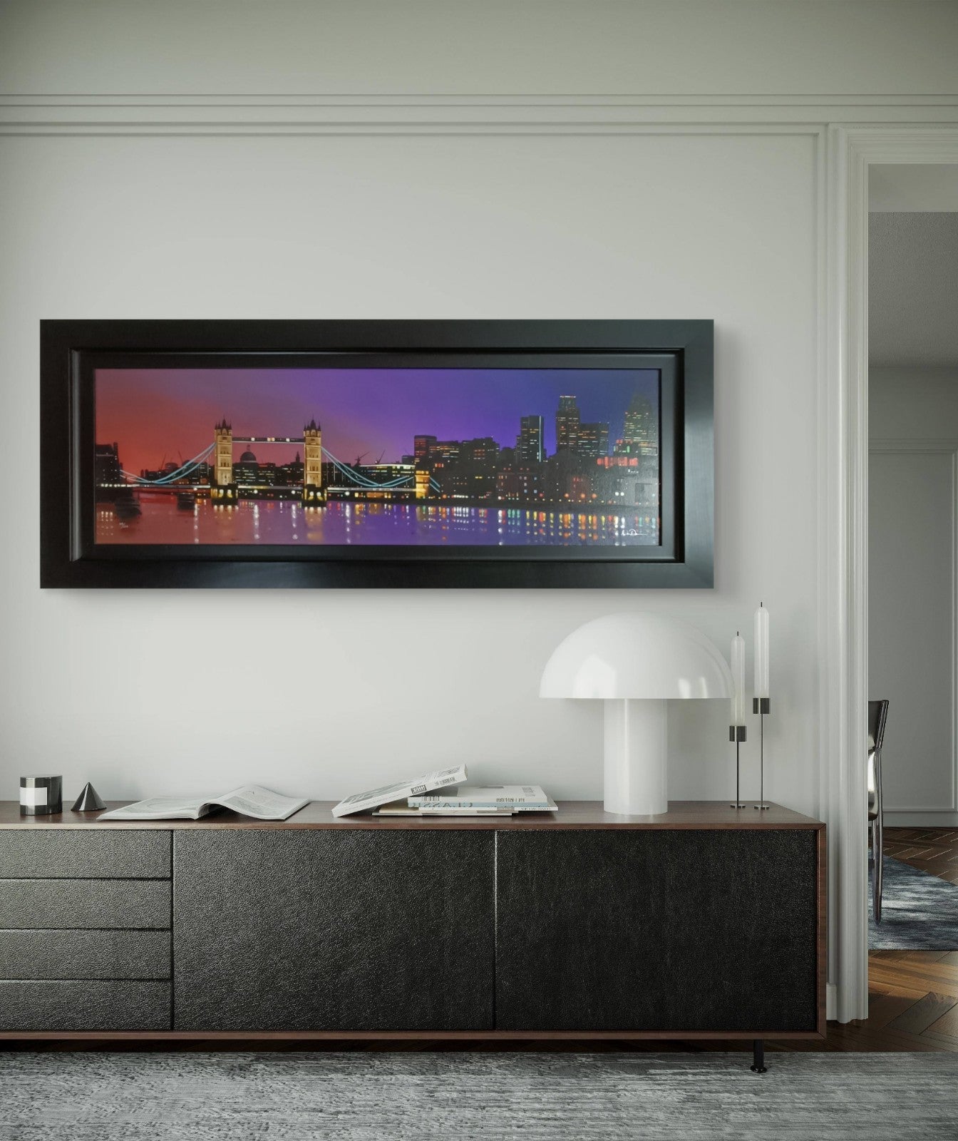 Signed limited edition Neil Dawson print "Twilight at Tower Bridge," number 48 of 150, featuring a scenic London skyline.
