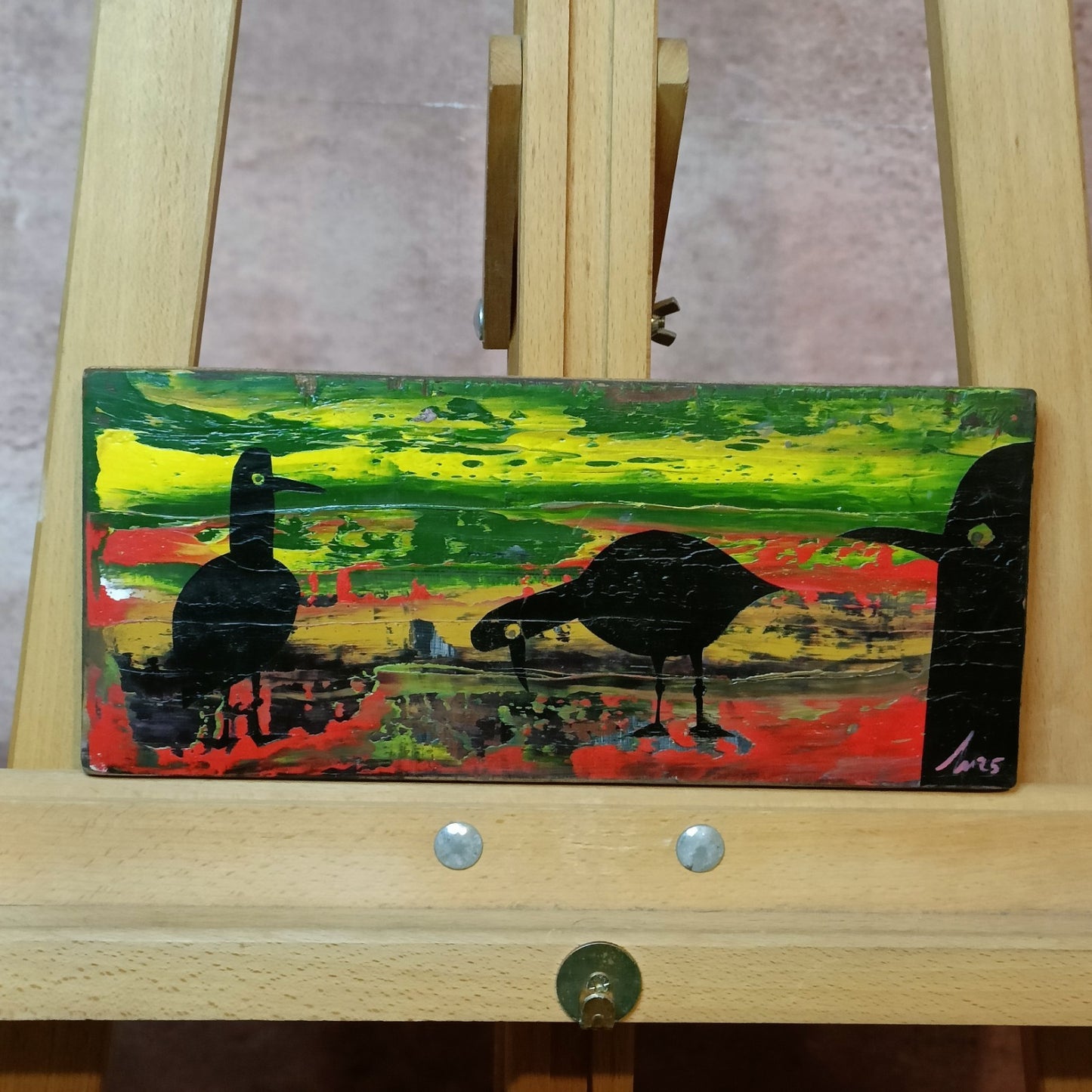 JUSTIN BOXALL Original Acrylic on Wood "Dystopian Robot Gulls" - Curated Treasures