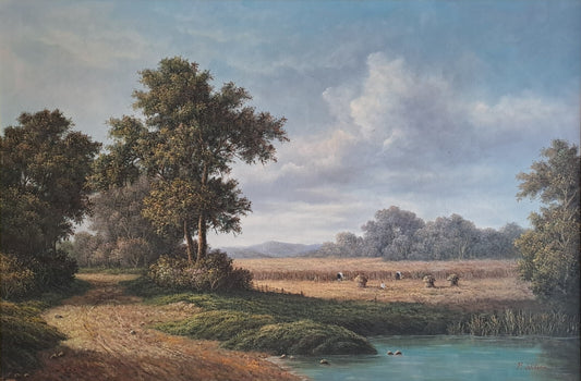 P WILSON Large Vintage Oil Embellished Print "Study of Harvesters"