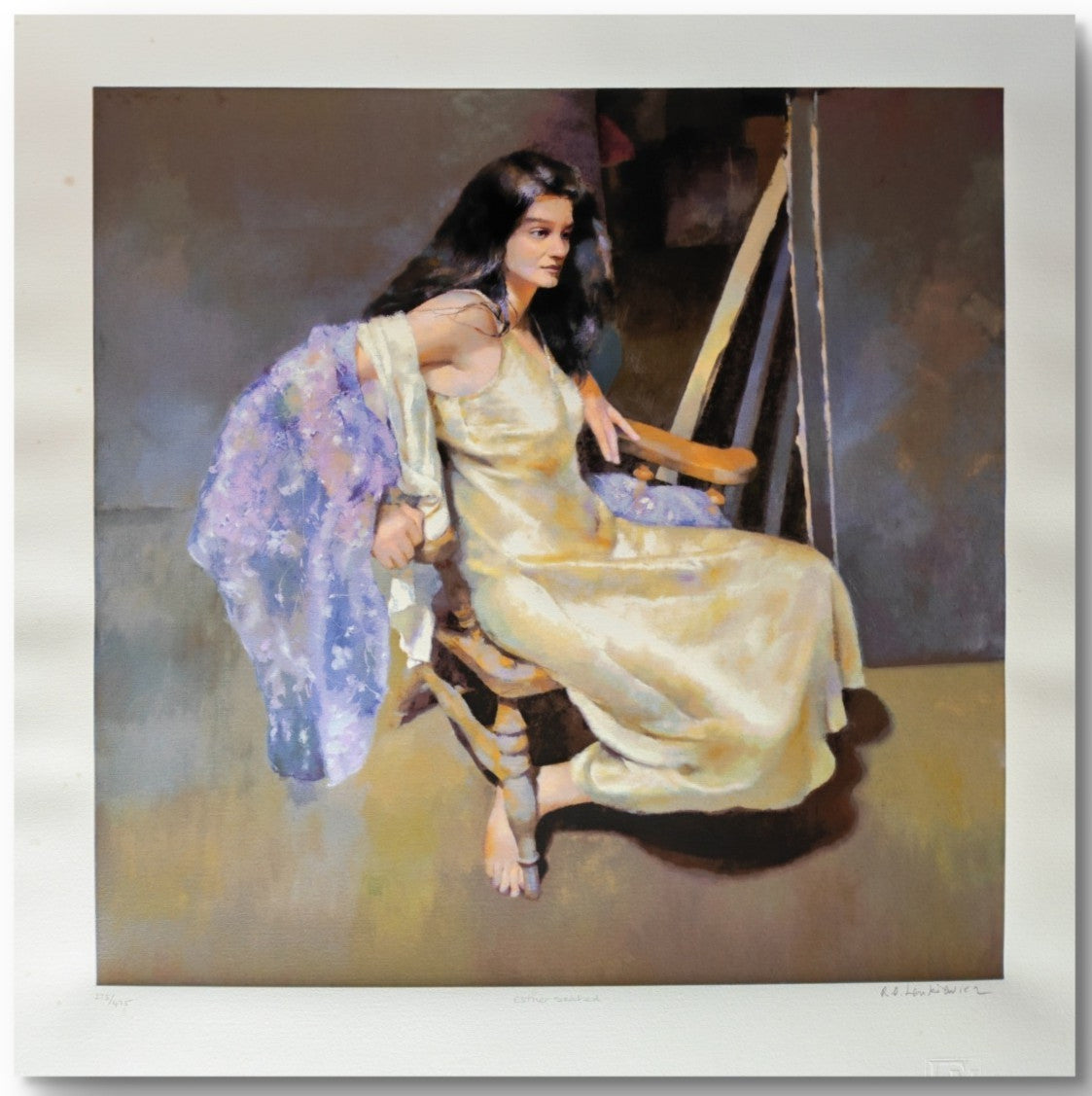 Signed limited edition print of Robert Lenkiewicz's "Esther Seated," numbered 275 of 475, on high-quality paper