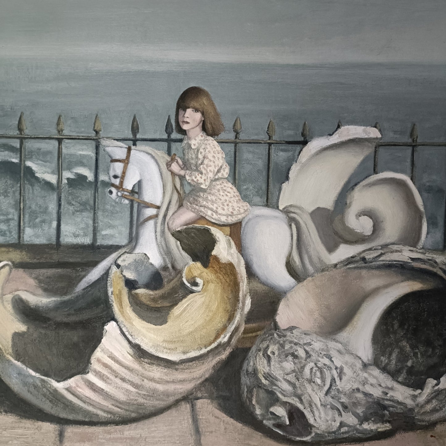 Surreal oil on board by Frederick Bromfield showing a girl and shells by the sea, artwork from Curated Treasures.