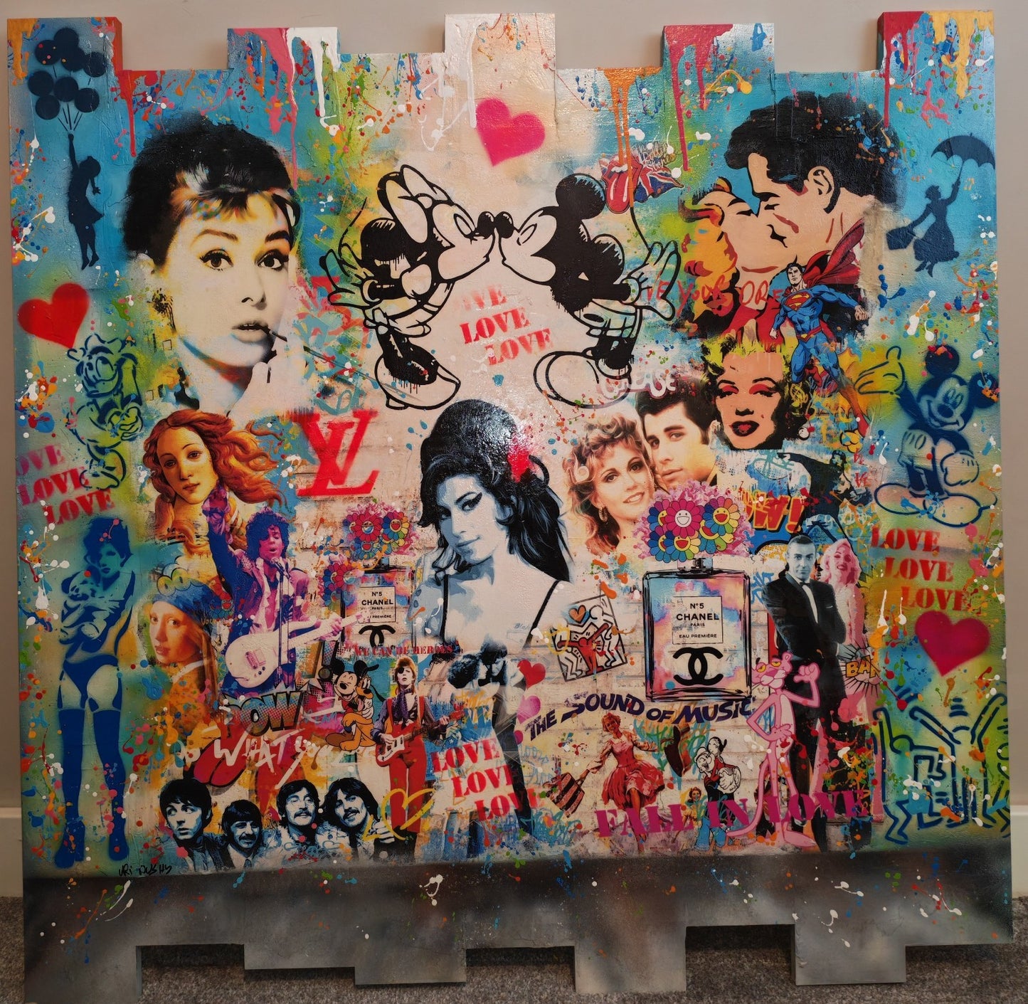 Large signed mixed media art titled "Love Love Love" by URI DUSHY on engineered wood, created by Curated Treasures.