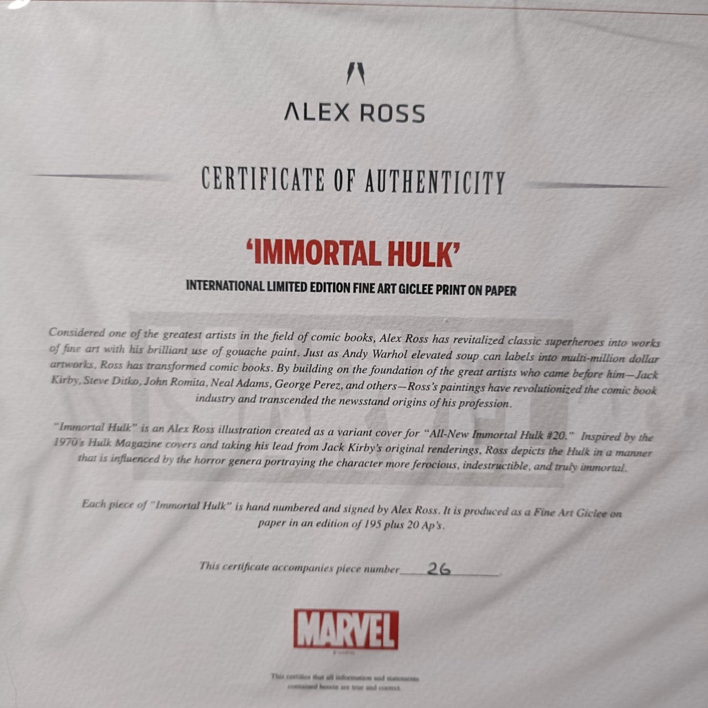 ALEX ROSS Signed Limited Edition Print - Marvel Comics "Immortal Hulk" 26/195