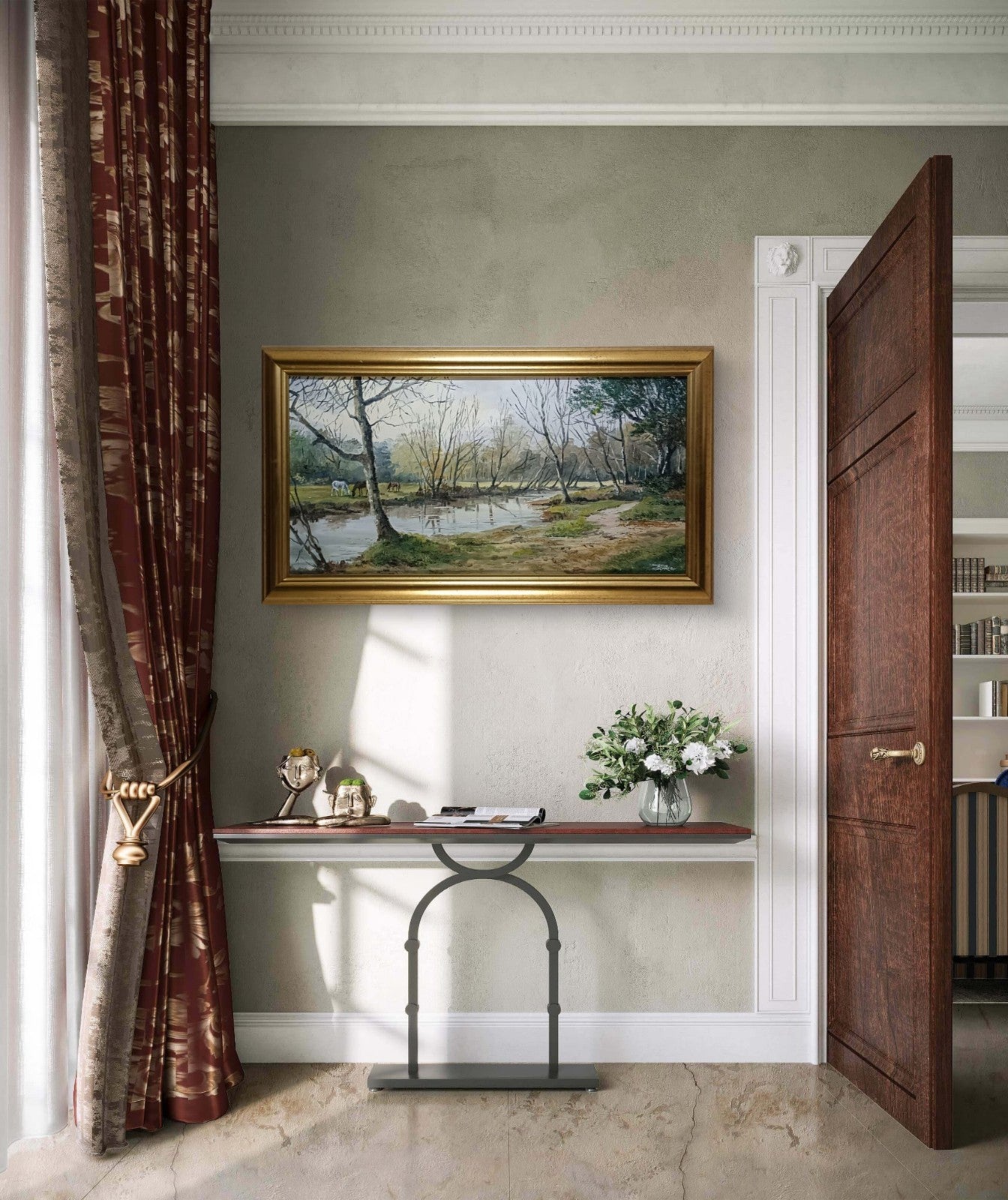 DENYS GARLE Framed Original Oil Painting “Riverbank with Horses”