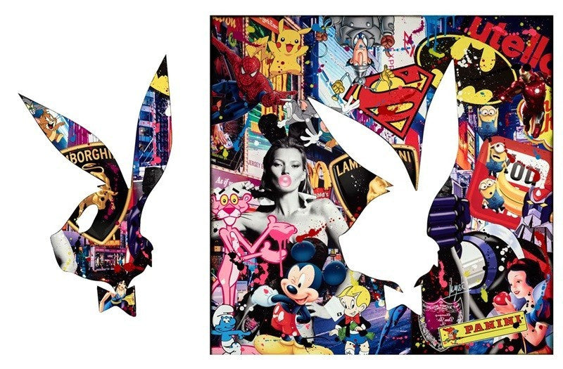 Original Auguste multimedia artwork titled "Playboy Party" featuring vibrant colors and abstract designs, created by French artist.