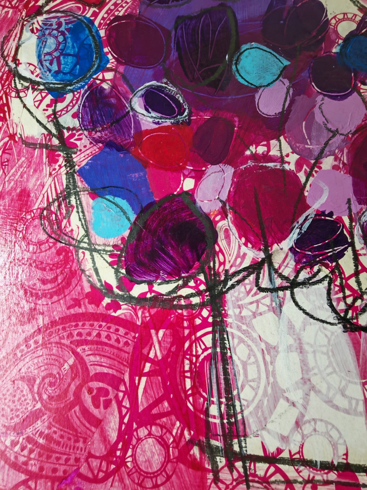 INES SZAMREY "Paper Flowers No. 6" Signed Original Mixed Media on Board