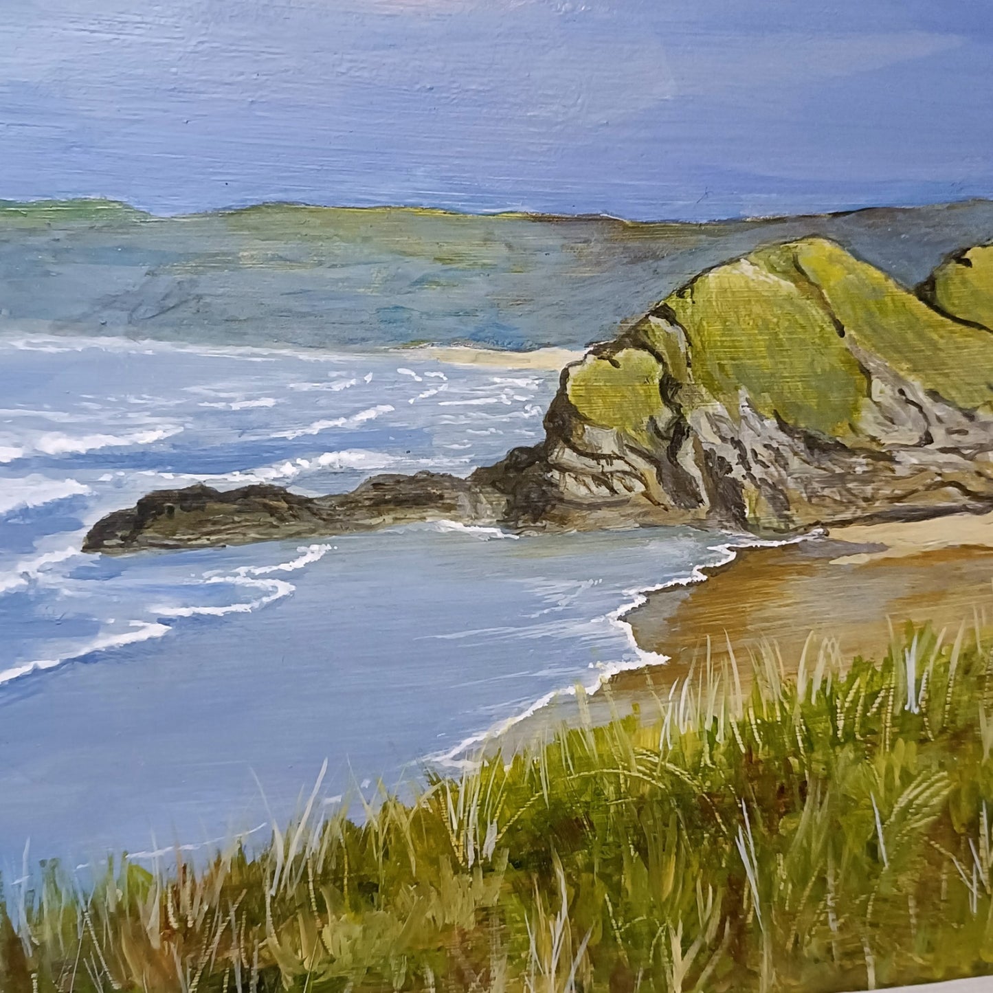 Original oil on board by Jan Merrick Horn titled "Whipsiderry Beach," framed and signed, depicting a coastal beach scene.