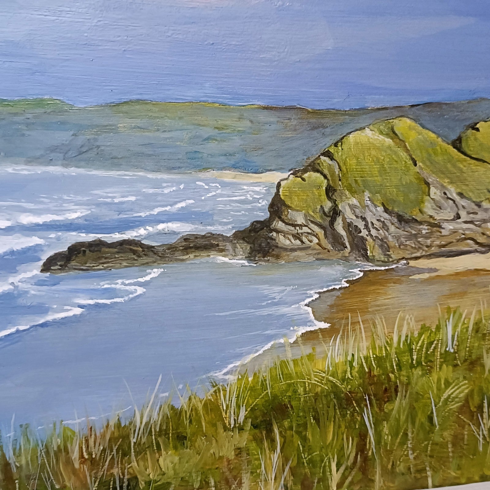 Original oil on board by Jan Merrick Horn titled "Whipsiderry Beach," framed and signed, depicting a coastal beach scene.
